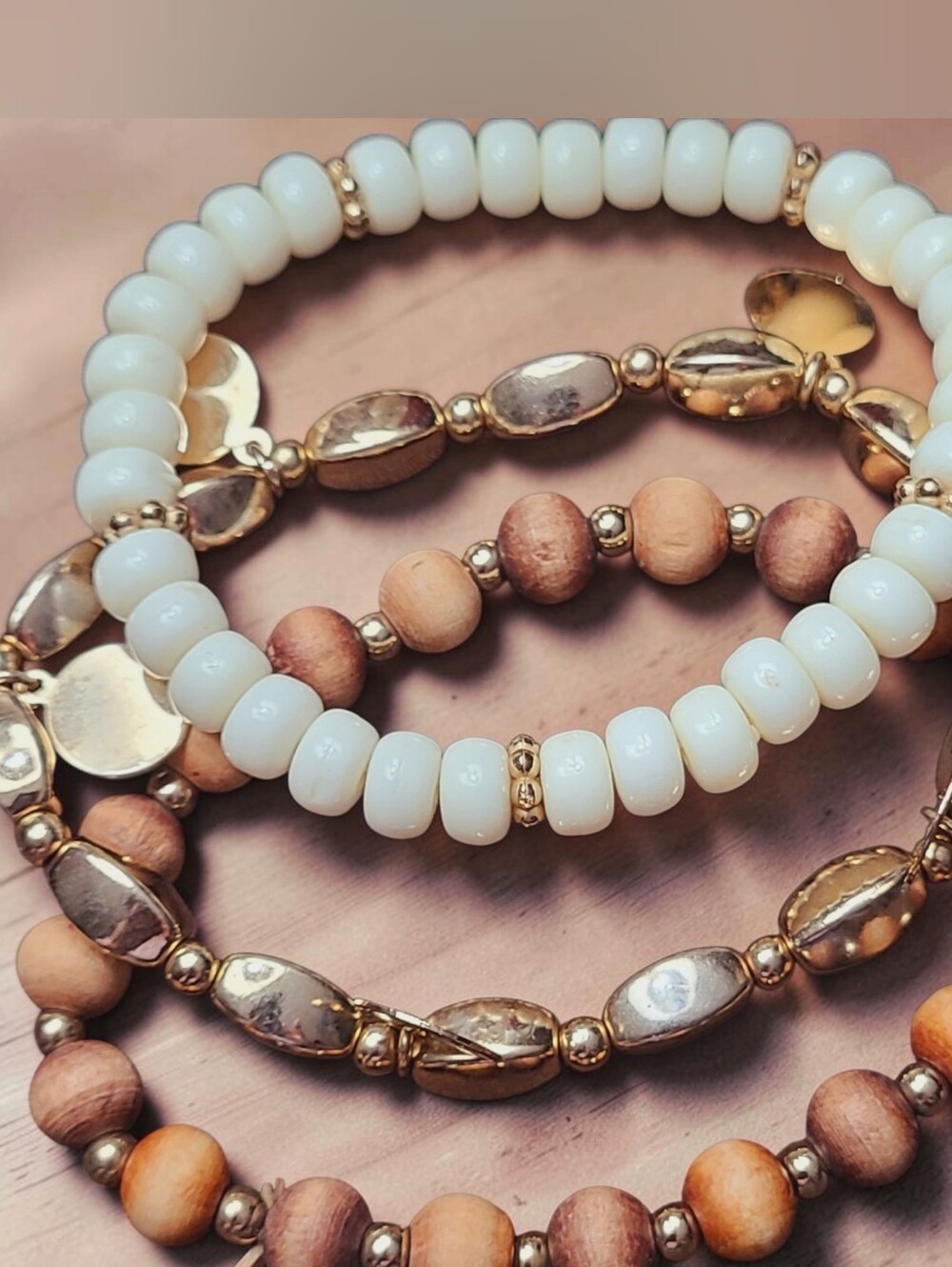Stacked White Bead & Gold Accent Bracelet Set